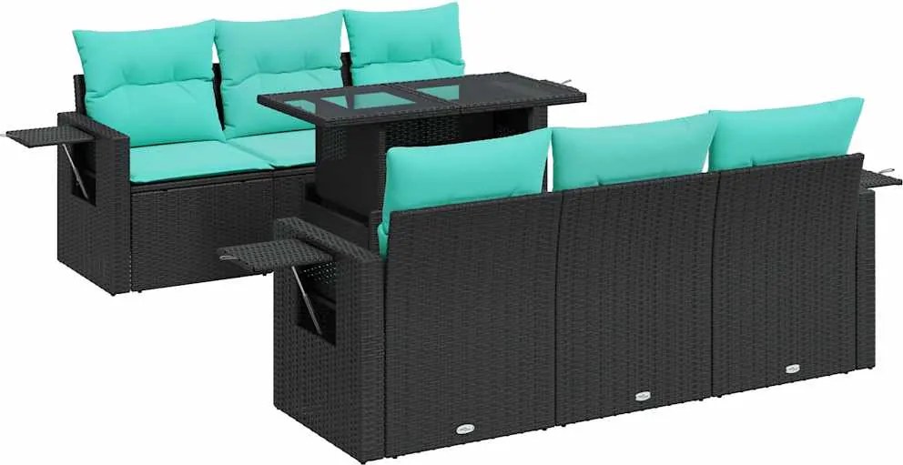 vidaXL 7 részes fekete polyrattan akácfa kerti ülőgarnitúra párnákkal