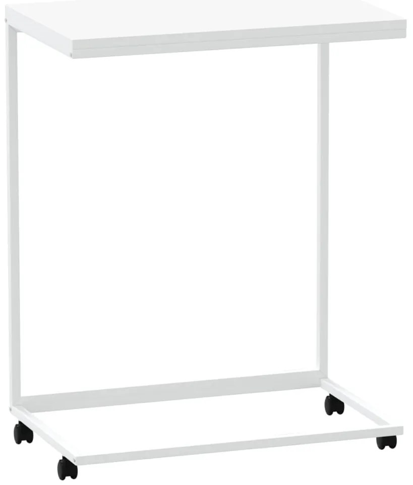 Fehér szerelt fa kisasztal kerekekkel 55x35x70 cm