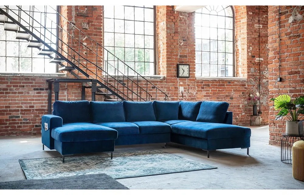 Lofty Lilly matrózkék kinyitható U alakú bársony kanapé, jobb oldali - Miuform