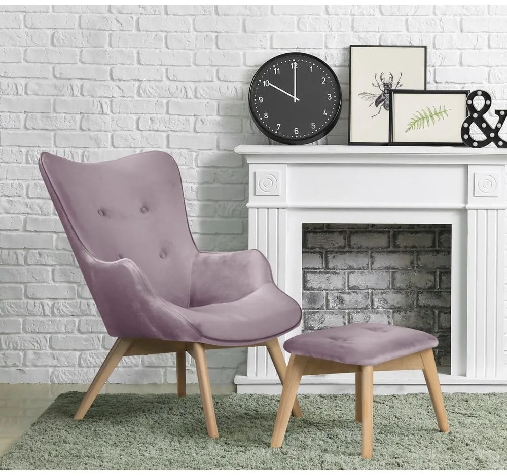 Levendula színű bársony fotel lábtartóval Niko – Ropez