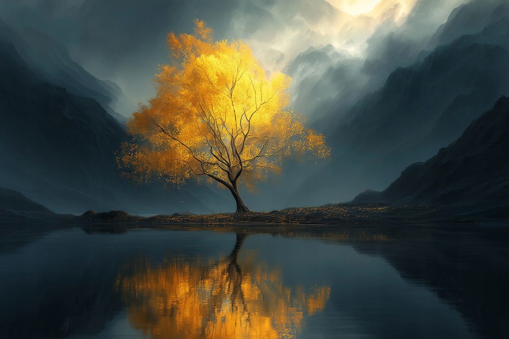 Vászonkép Canvas Arany Hegyi Fa Tó Köd Tükröződés 120 x 80