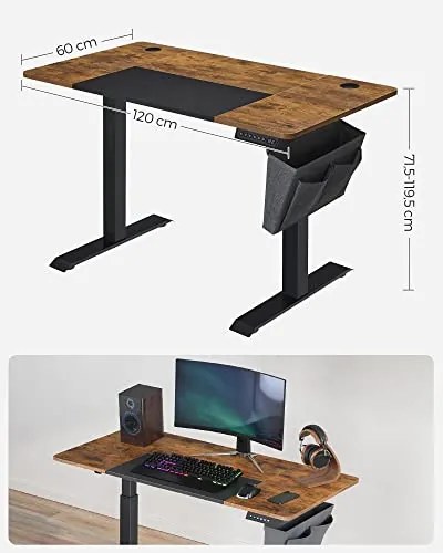Elektromosan állítható íróasztal komplett, rusztikus barna 120x60x72-120cm