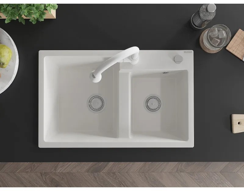 Mexen Tomas, 2 kamrás gránit mosogató 800x500x190 mm és Elia mosogató csaptelep, fehér, 6516-20-670101-20
