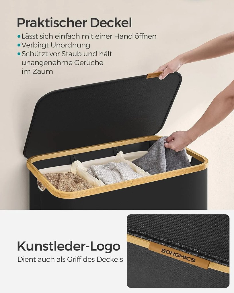 szennyeskosár fedéllel – 3 rekeszes ruhagyűjtő, 150 l űrtartalommal fekete színben