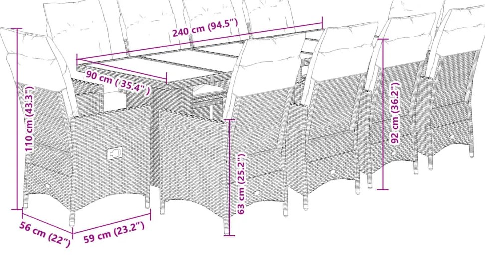 11 részes fekete polyrattan kerti bisztrógarnitúra párnákkal