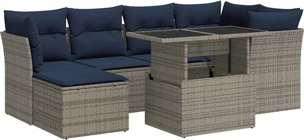 vidaXL 7 részes szürke polyrattan akácfa kerti ülőgarnitúra párnákkal