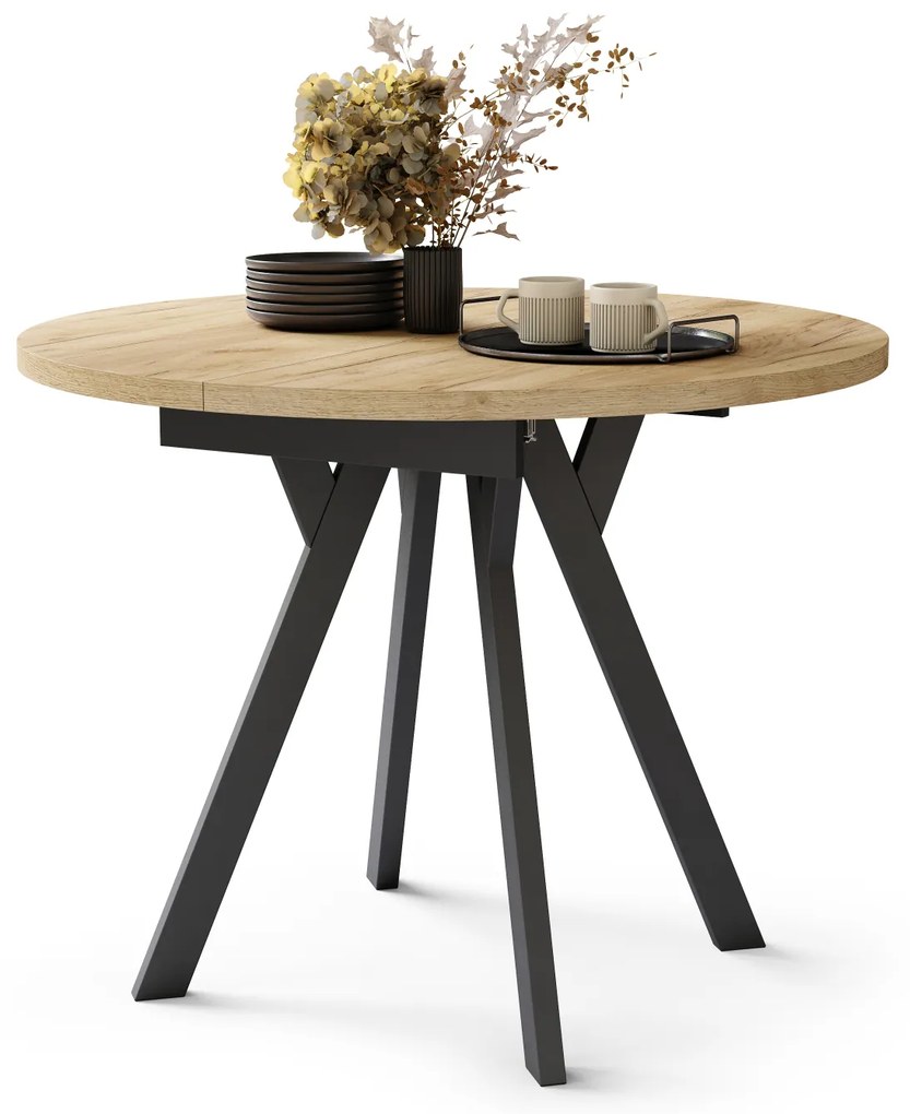 Mazzoni ALMO Arany Craft tölgy/fekete lábak - BŐVÍTHETŐ KEREK ASZTAL Y ALAKÚ LÁBAKKAL LOFT/IPARI STÍLUSÚ NAPPALIBA/ÉTKEZŐBE
