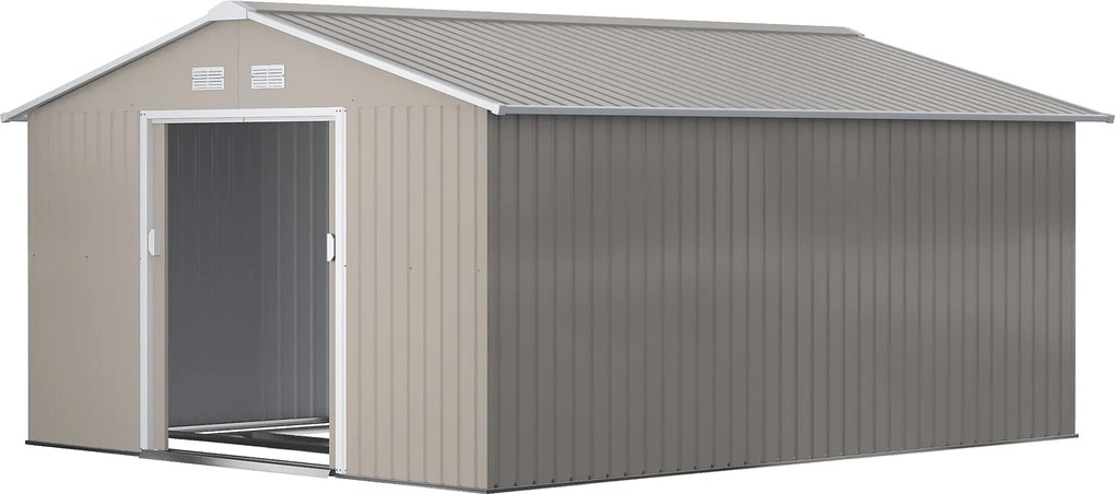 Outsunny 12.4 m²-es szerszámtároló, kerti ház dőlt tetővel, tolóajtóval, alapzattal, 386 x 340 x 200 cm, horganyzott acélból készült, időjárásálló, ke