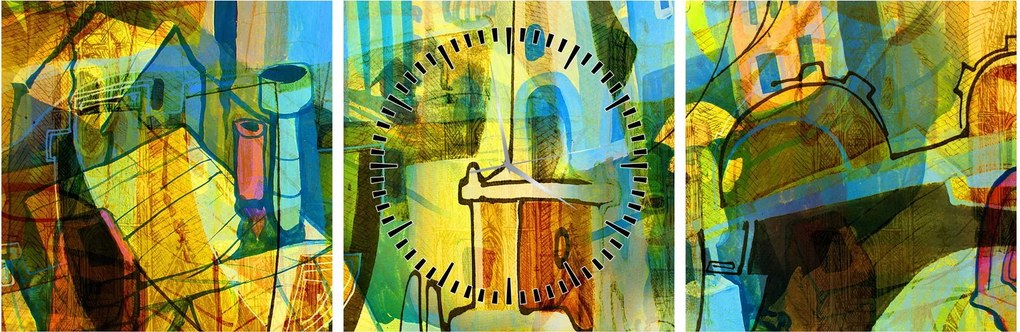 Kép - Építészet, kubista absztrakció (órával) (90x30 cm)