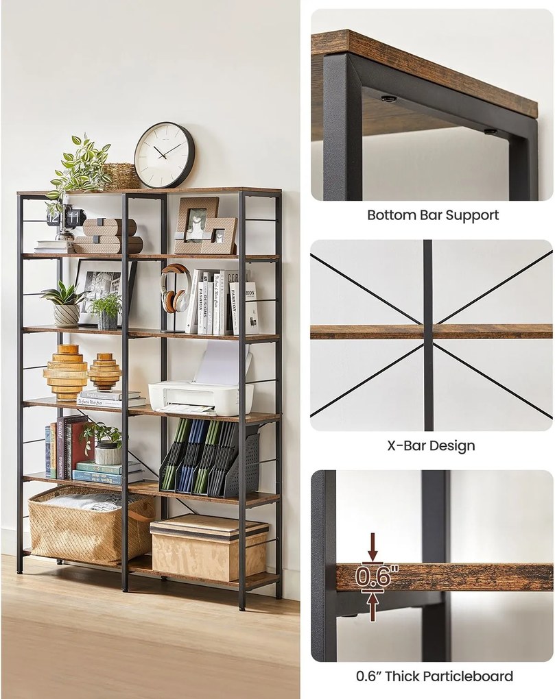 6 szintes könyvespolc, magas tárolópolc, 30 x 120 x 170 cm, barna és fekete