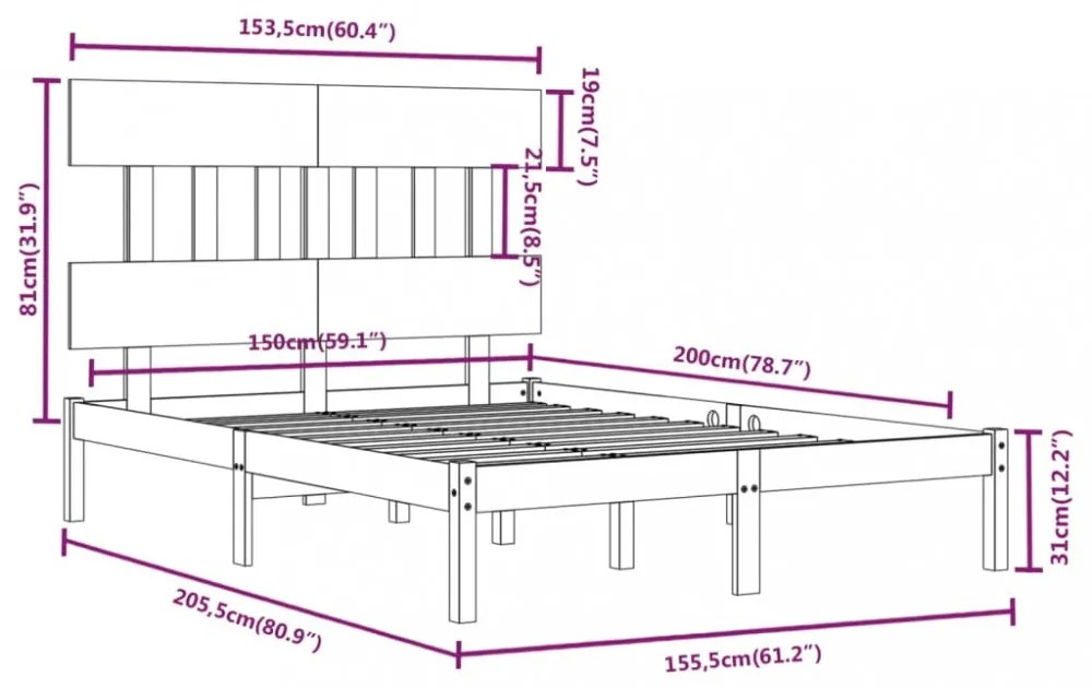 King Size fekete tömör fa ágykeret 150 x 200 cm
