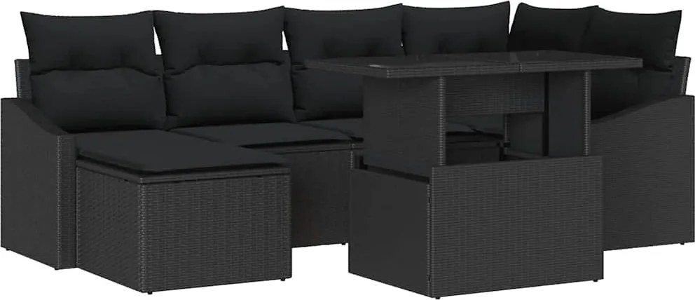 vidaXL Kerti Kanapé Szett 7 pcs Fekete Poli rattan és porfestett acél