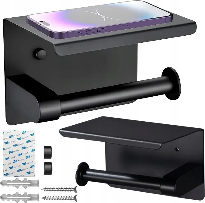 Wc-papír Tartó Polccal Fém Fekete Loft Wc Ragasztó