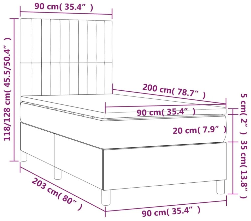 világosszürke bársony rugós és LED-es ágy matraccal 90x200 cm