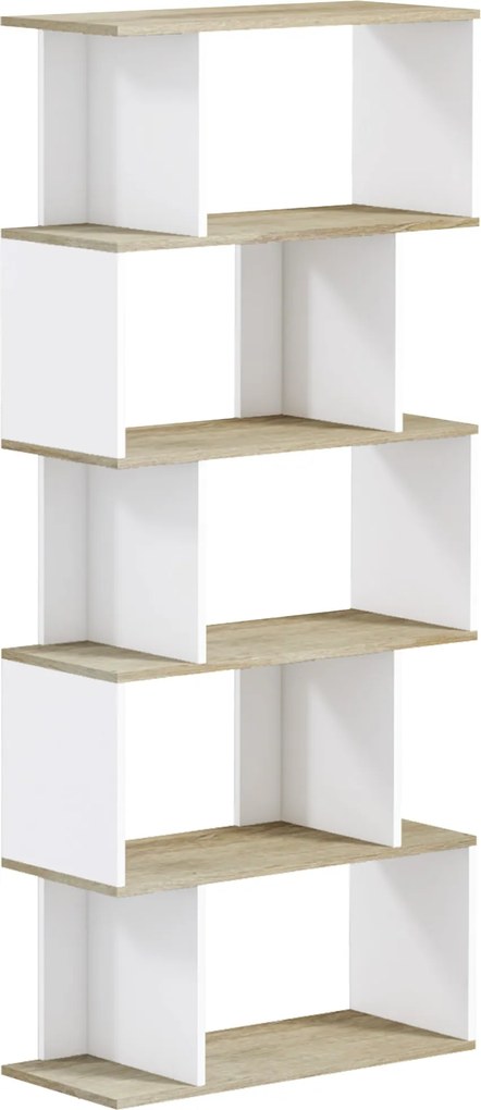HOMCOM Északi Stílusú Könyvespolc 5 Stabilitást Növelő Polccal 25 kg Terhelhetőséggel Tanulmányi Irodához vagy Nappaliba 70x29.5x163 cm Tölgy és Fehér