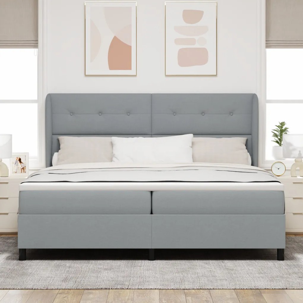 Boxspringágy Mattal - Világosszürke, 200x200 cm, Szövet