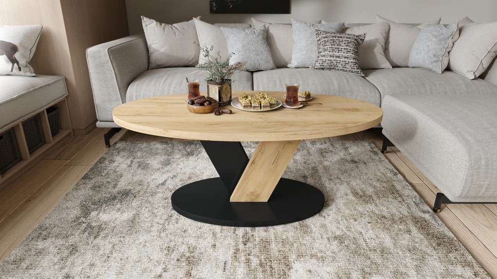 Mazzoni LOVA Craft Aranytölgy/Fekete - OVÁLIS DOHÁNYZÓASZTAL 110x60 cm MODERN KÁVÉZÓ ASZTAL