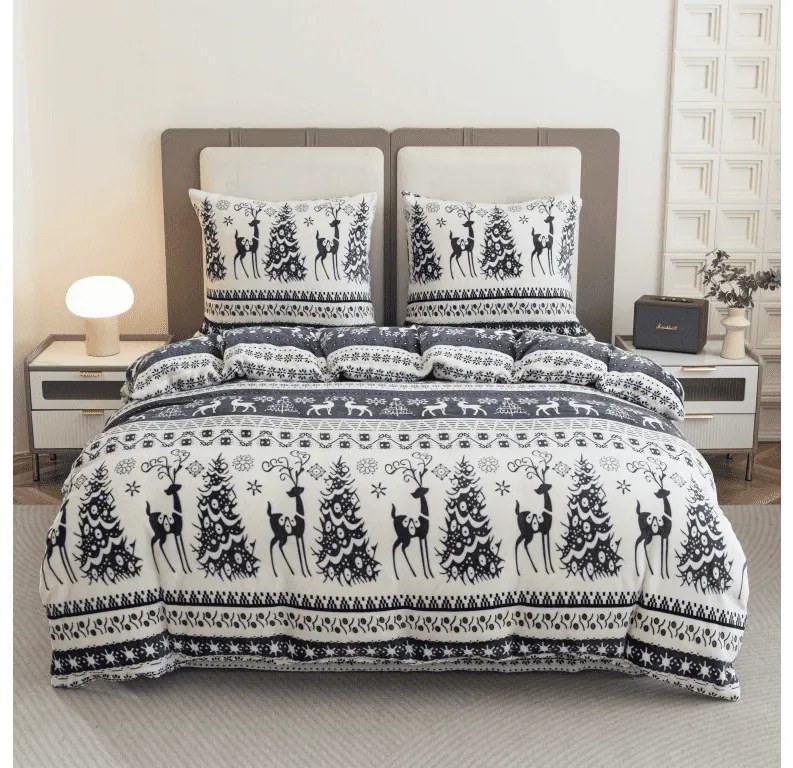 2 db Mikroplüss ágyneműhuzat WINTER DEER szürke + mikroplüss lepedő SOFT 180x200 cm fehér, dupla ágy