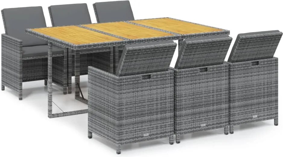 vidaXL 7 részes szürke polirattan kerti étkezőgarnitúra párnákkal