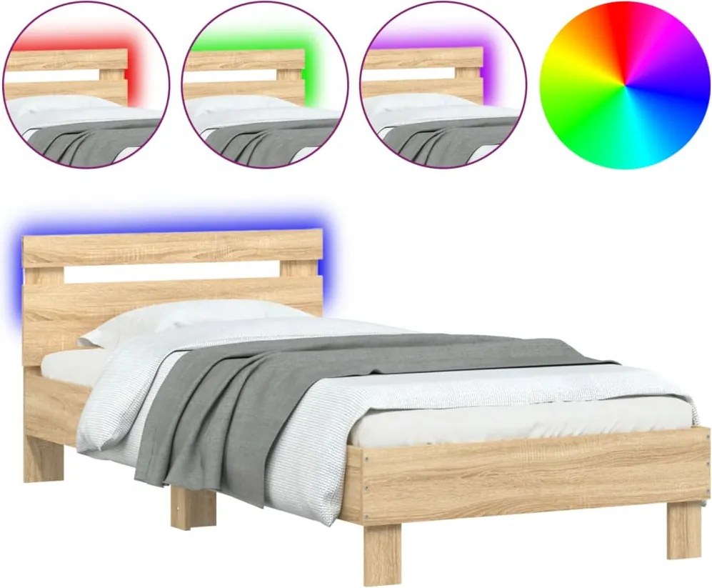 vidaXL sonoma tölgy színű ágykeret fejtámlával és LED-ekkel 90x200 cm