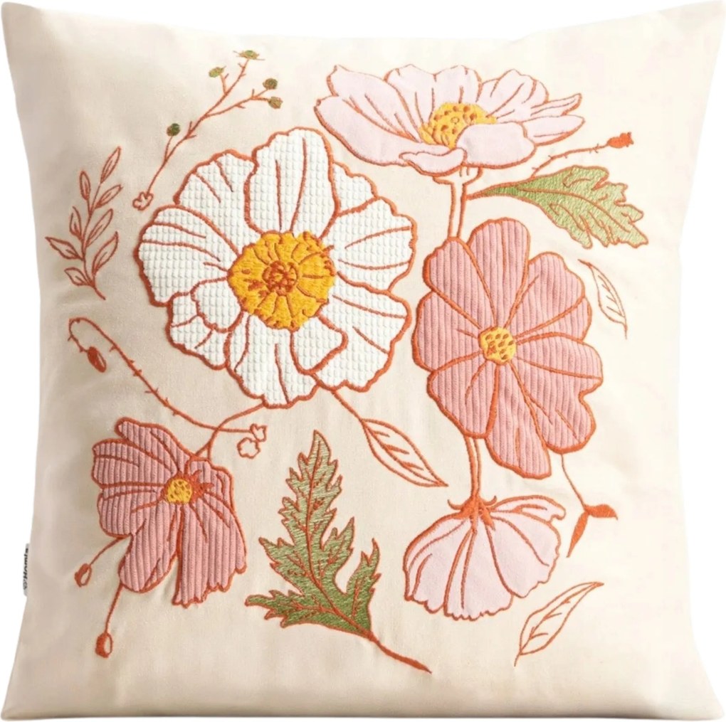 Kabir párnahuzat lenvászon díszítéssel, strukturált virágokkal 45x45cm Homla