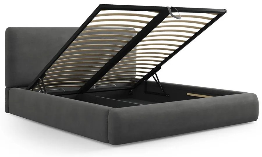 Szürke kárpitozott ágyneműtartós franciaágy ágyráccsal 160x200 cm Colonel – Cosmopolitan Design