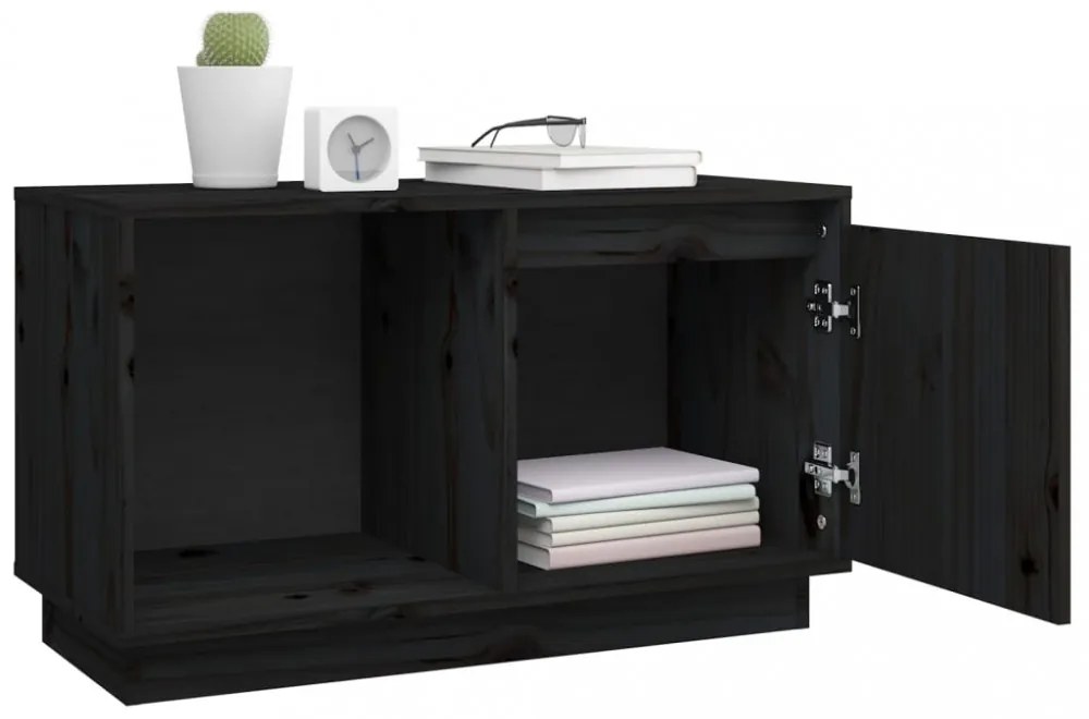 fekete tömör fenyőfa TV-szekrény 74x35x44 cm