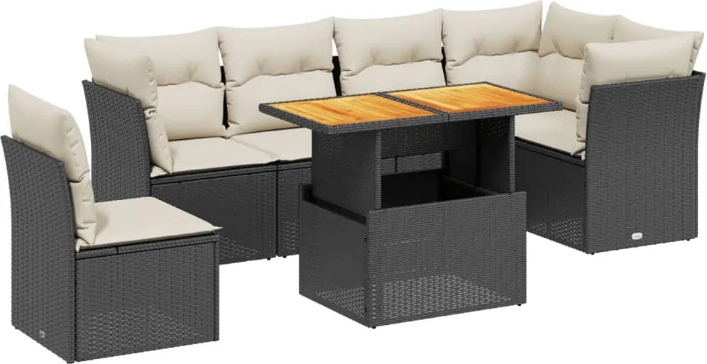 vidaXL 7 részes fekete polyrattan kerti ülőgarnitúra párnával