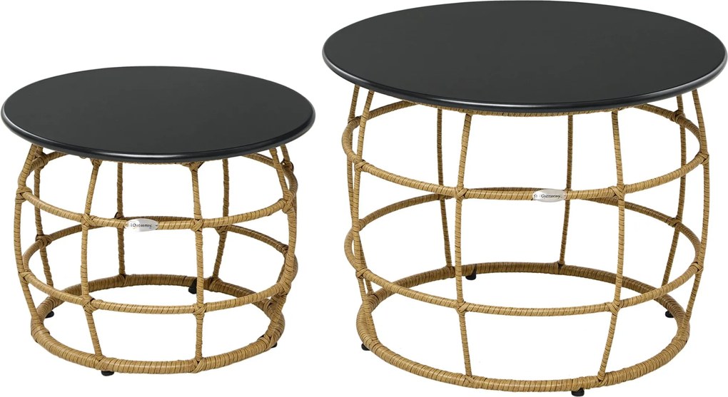 Outsunny 2 darabos oldalsó asztal szett, rattan kávézóasztal, fém felső kialakítás, kézzel szőtt kanapéasztal kerthez, erkélyhez, Ø46+Ø60 cm, Homok |