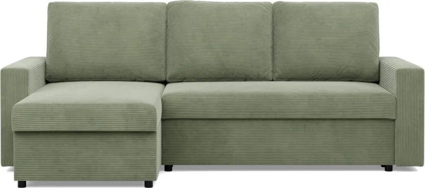 Zeus sarokkanapé, 2 ágyneműtartóval, egyenes kartámasz, kordbársony, univerzális oldal, hab töltet, zöld