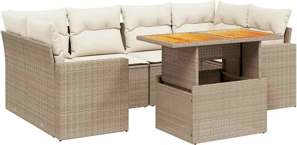 vidaXL 7 részes bézs polyrattan kerti ülőgarnitúra párnákkal