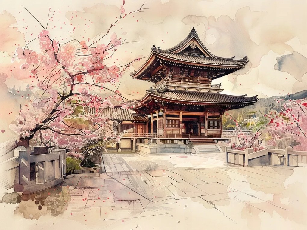 Vászonkép Canvas Japán Templom Virágzó Cseresznye Akvarell 100x75