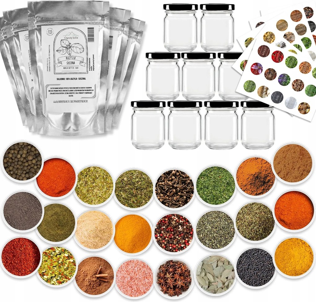 24x Fűszerkeverék gyógynövények 24x üvegtégelyek 75x címkék