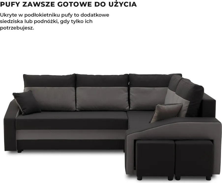 Grande sarokkanapé polcokkal és puffokkal , polc a bal karfaban puffok a jobb karfaban, jobboldali, szövet anyag, bonell töltet, fekete - szürke