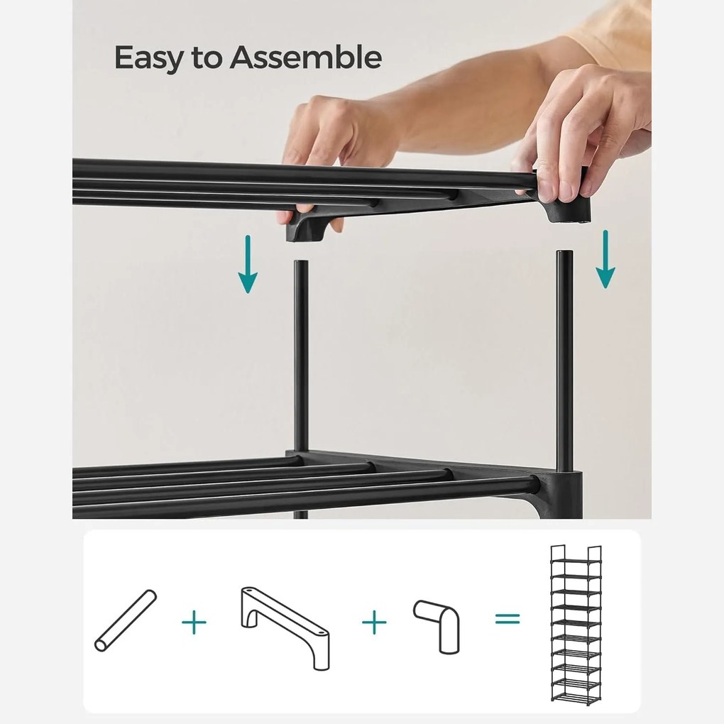 Cipőtartó, 10 szintes fém cipőtároló polc 174x45x30cm, polc magassága állítható, fekete