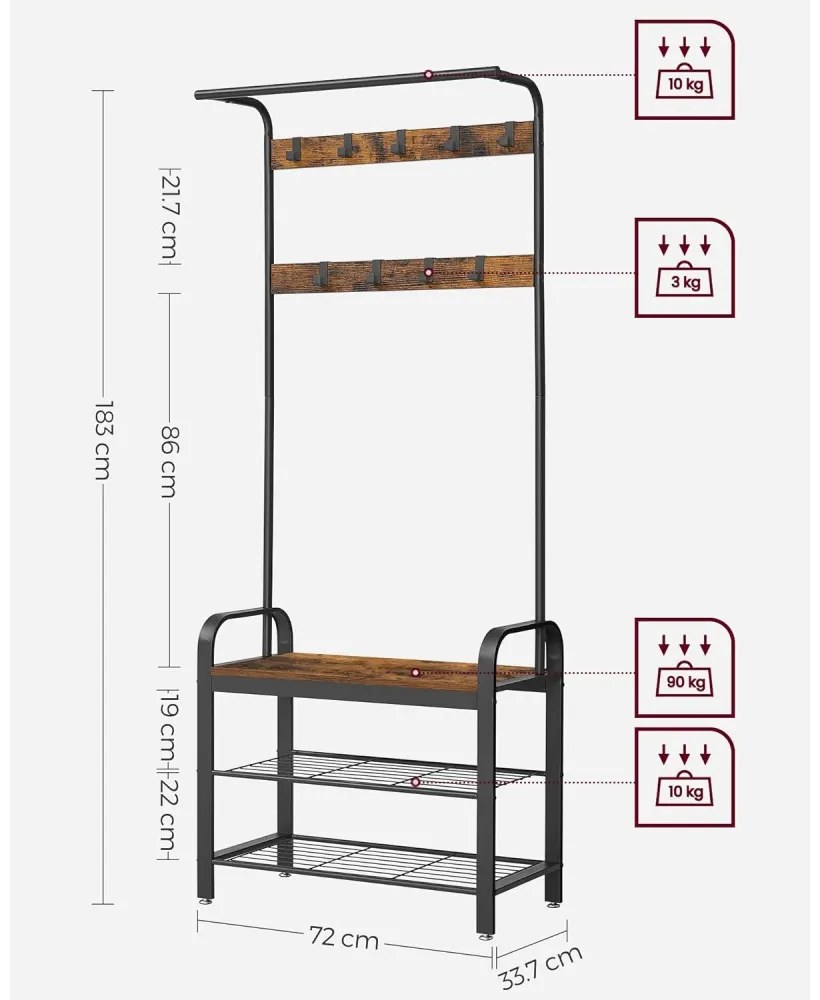 Előszoba fogas polccal, akasztókkal, cipőtartóval és ülőkével, rusztikus barna 183x72x33cm