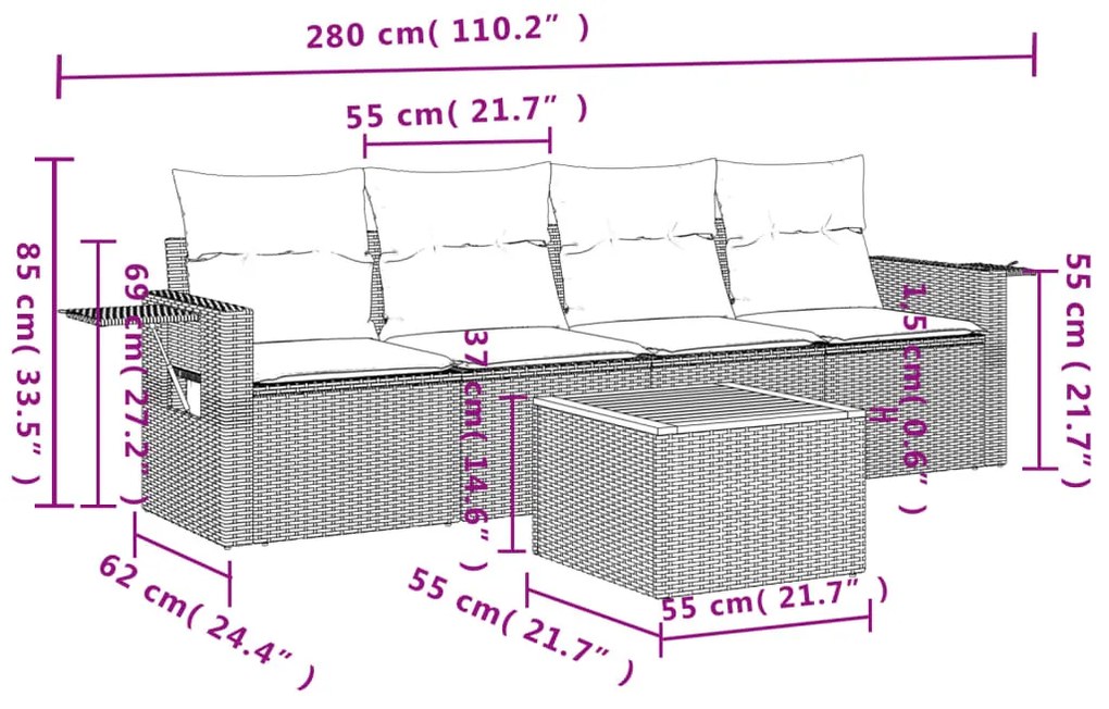 5 részes fekete polyrattan kerti kanapészett párnákkal