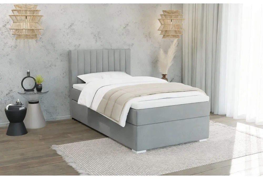 Világosszürke kárpitozott ágyneműtartós egyszemélyes ágy ágyráccsal 90x200 cm Bunny – Ropez