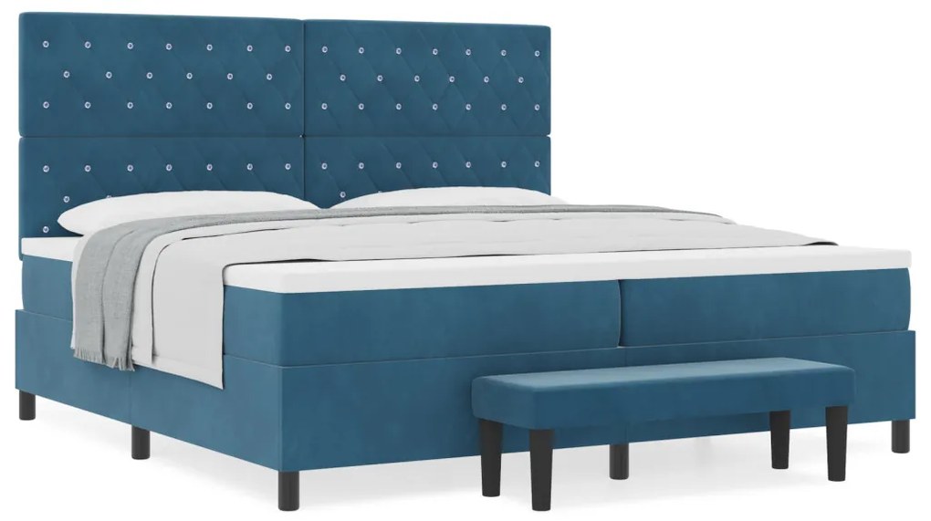 Boxspring Ágy Matraccal és Padal Sötétkék 200x200 cm Bársony