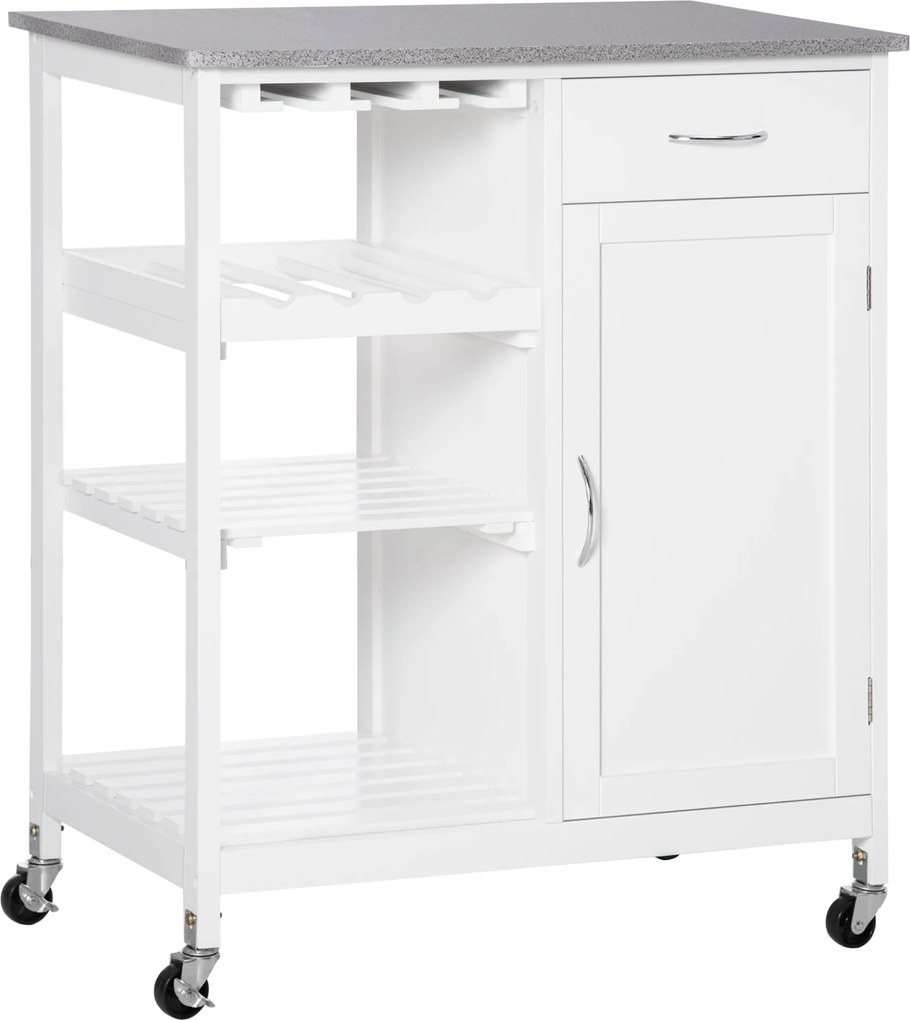 HOMCOM Konyhai Kocsi Kerekekkel, 1 Fiókkal, Levehető Polcokkal, 4 Palackos Borállvánnyal és Szekrénnyel, 40 kg Terhelhetőséggel, 76x48x88 cm, Fehér |