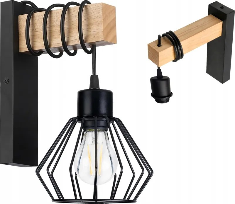 Fali lámpa fa Led túlnyúlás kábel lámpabúra 1xE27 Loft Fekete