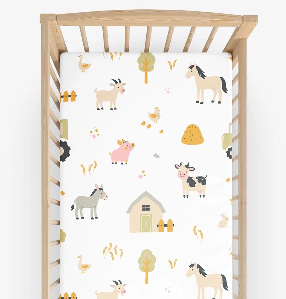 Goldea gyermek gumis pamut lepedő kiságyba - élet a farmon 60 x 120 cm