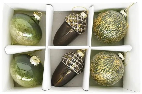 Karácsonyi üveg gömb dísz hagyma makk 8 cm 6 db szett arany, zöld