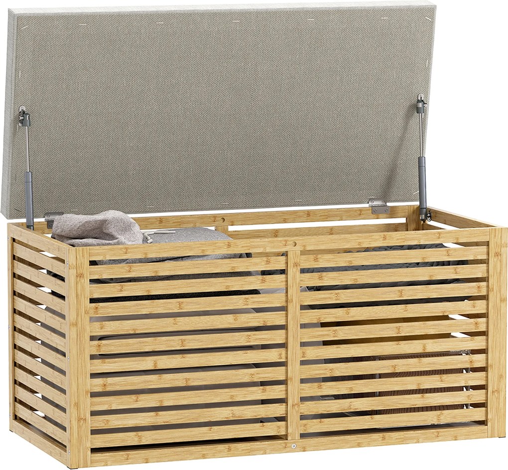 HOMCOM 122L Tároló Ottoman Kanapé, Szintetikus Vásznakkal Bélelt, Bambusz Kerettel, Előszobához és Nappalihoz 90x42x43 cm Szürke és Természetes | Aoso