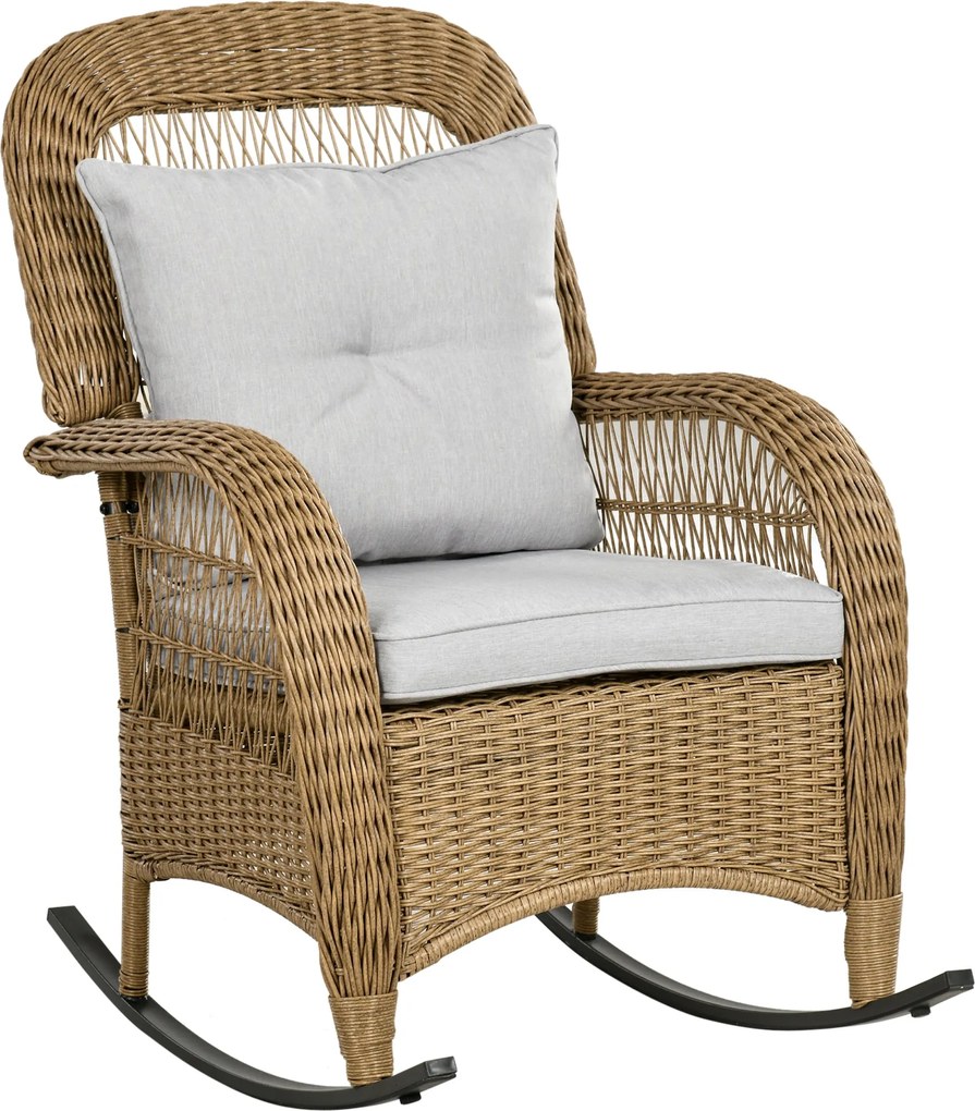 Outsunny Rattan Pihenőszék, Hintázó Karosszék Párnákkal, Kerti Szék Mosásra Mosható Párna Huzatokkal, Pihenőbútor Teraszra, Kertbe, Udvarra, Sárga, 69