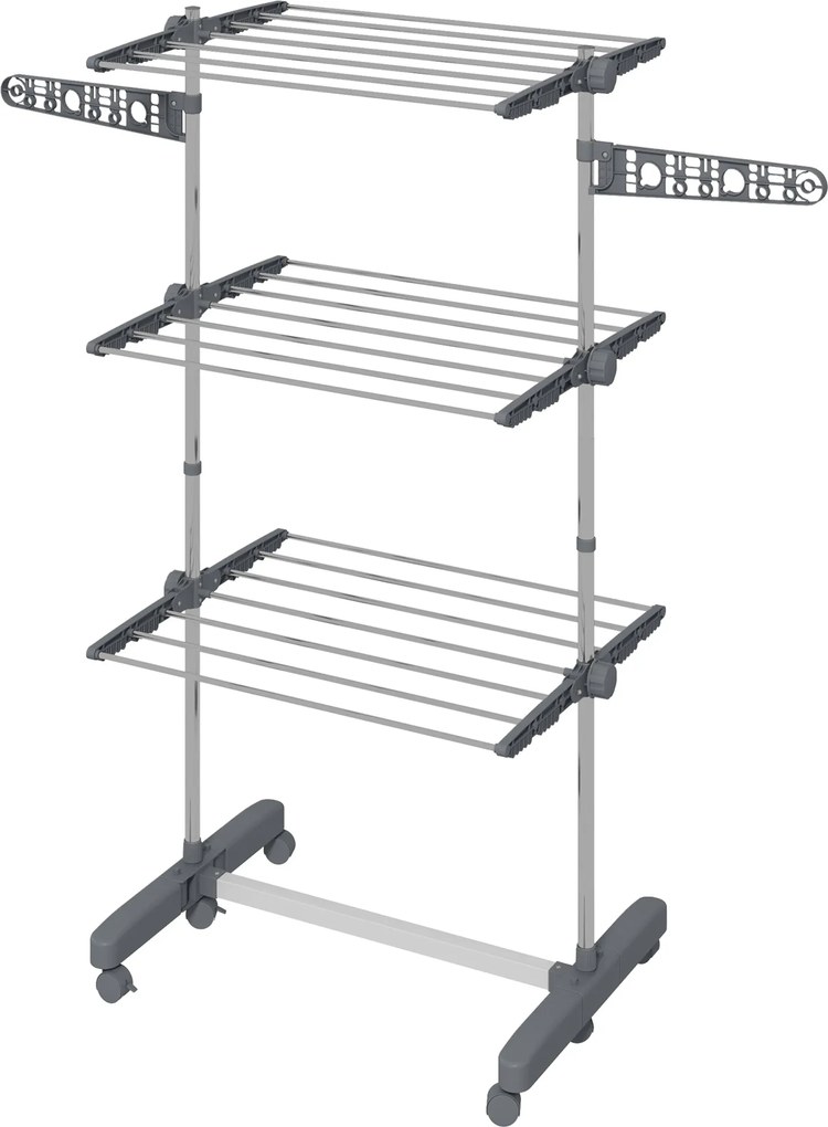 HOMCOM Ruhaszárító Torony 3 Szinten, Összecsukható Szárnyakkal, Kerekekkel, Belső és Külső Használatra, 142 x 55 x 152 cm, Szürke | Aosom