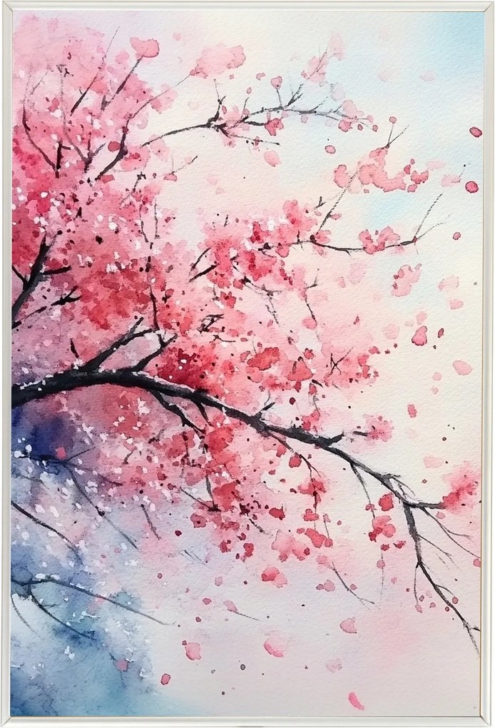 Poszter Alumínium Keret Akvarell Ázsia Japán Keleti Cseresznye Sakura 40x60