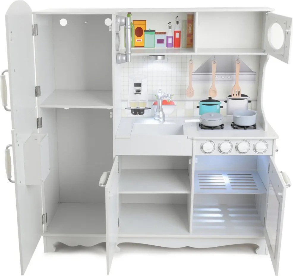 Fából készült játékkonyha gyerekeknek LED világítással, kiegészítőkkel és hangeffektekkel