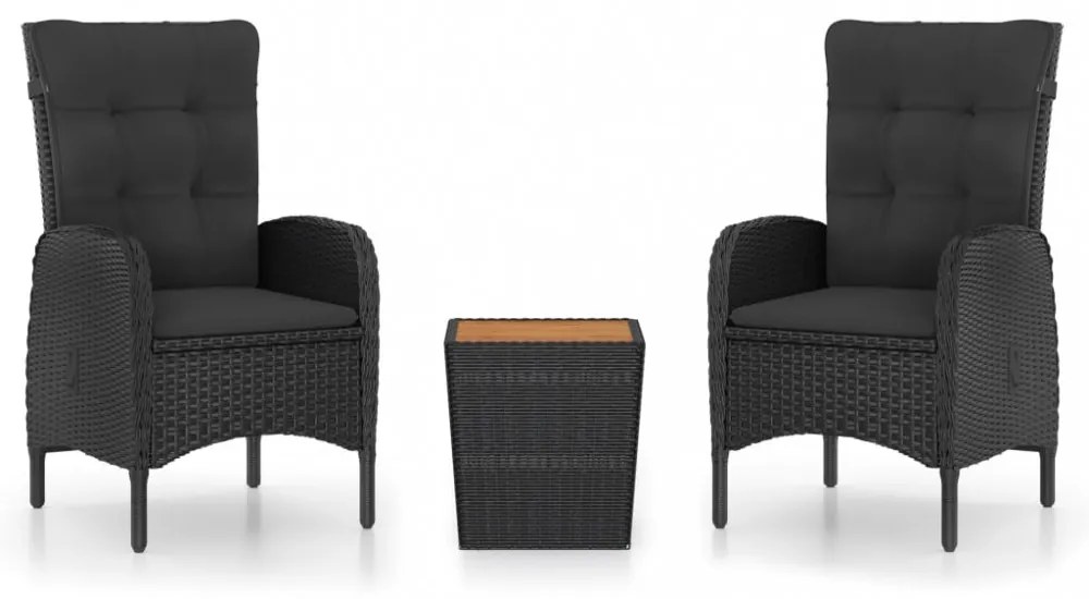 3 részes fekete polyrattan és akácfa kerti bisztrószett