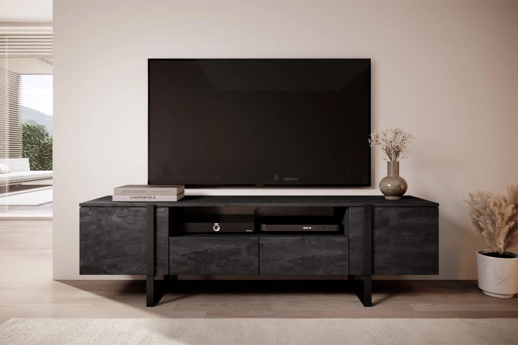 Verica 200 cm-es TV-szekrény nyitott polccal - szénfekete / fekete lábak